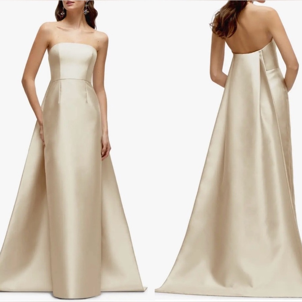 ✨NWT✨ Alfred Sung Strapless Satin Twill Column Gown Removable Train Champagne 10